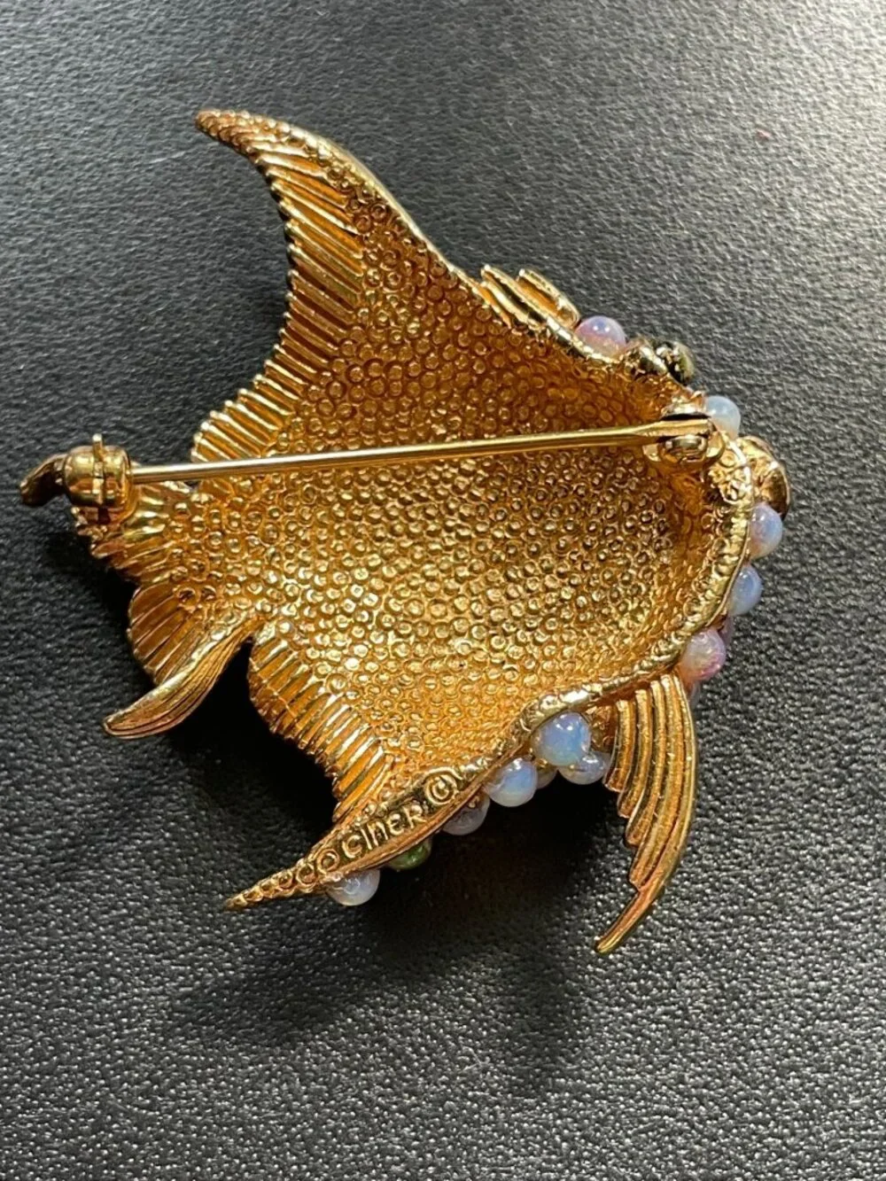 Vintage Ciner Signed Gold Plated Faux Opal Cabochon Angelfish Brooch Pin